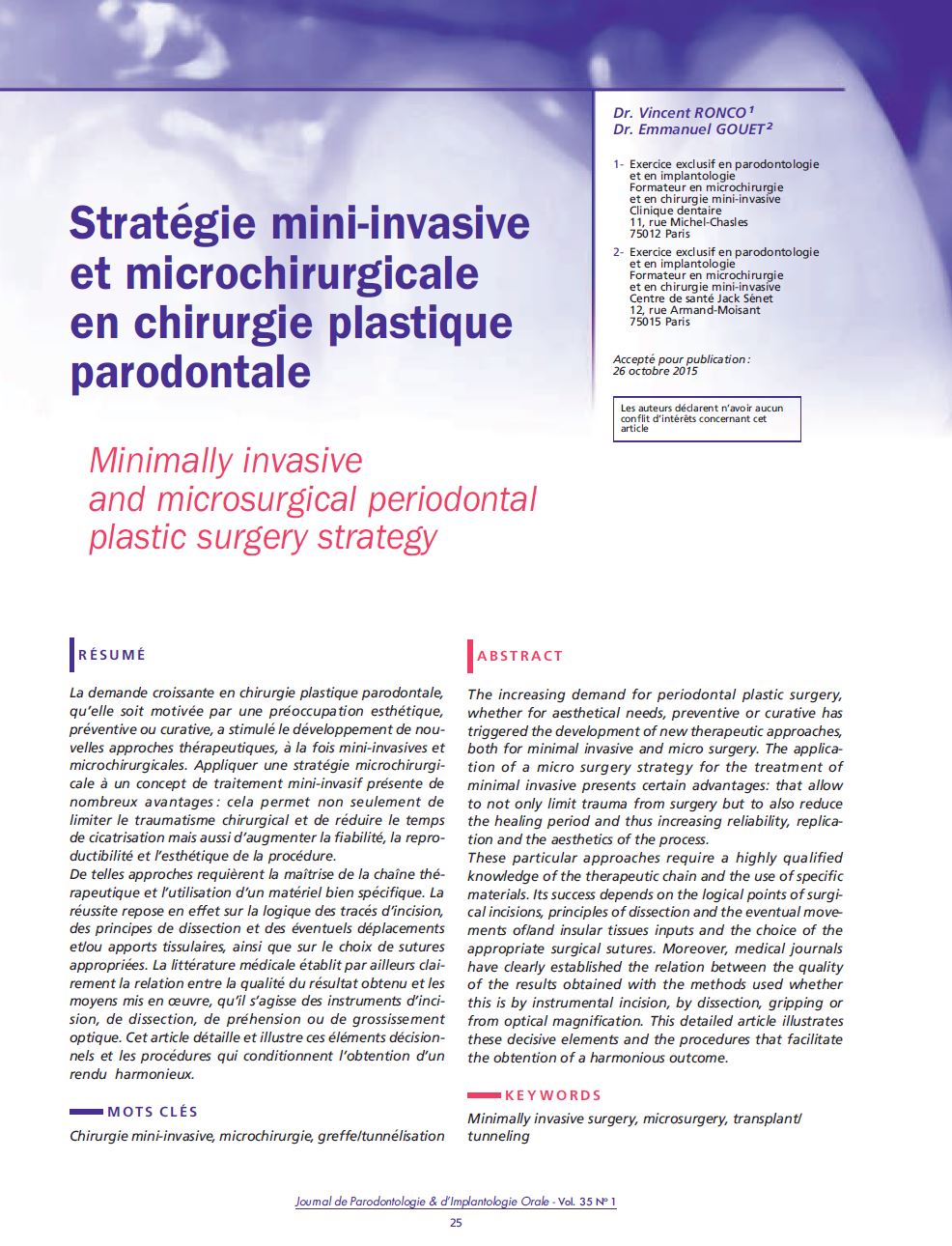 Stratégie mini-invasive et microchirurgicale en chirurgie plastique parodontale RONCO GOUET